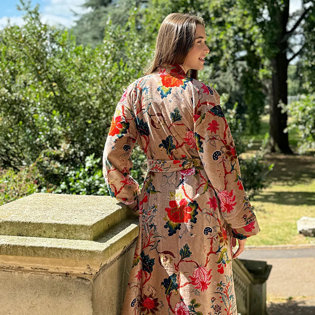 Luxury Velvet Long Robe Dressing Gown/Kimono With Silk Lining In Beige Orange