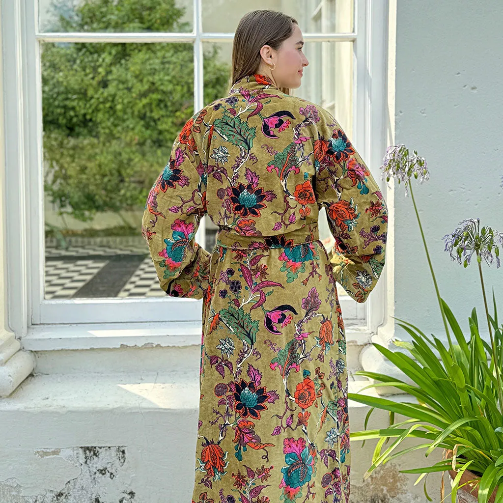 Luxury Velvet Long Robe Dressing Gown/Kimono With Silk Lining in Henna Green