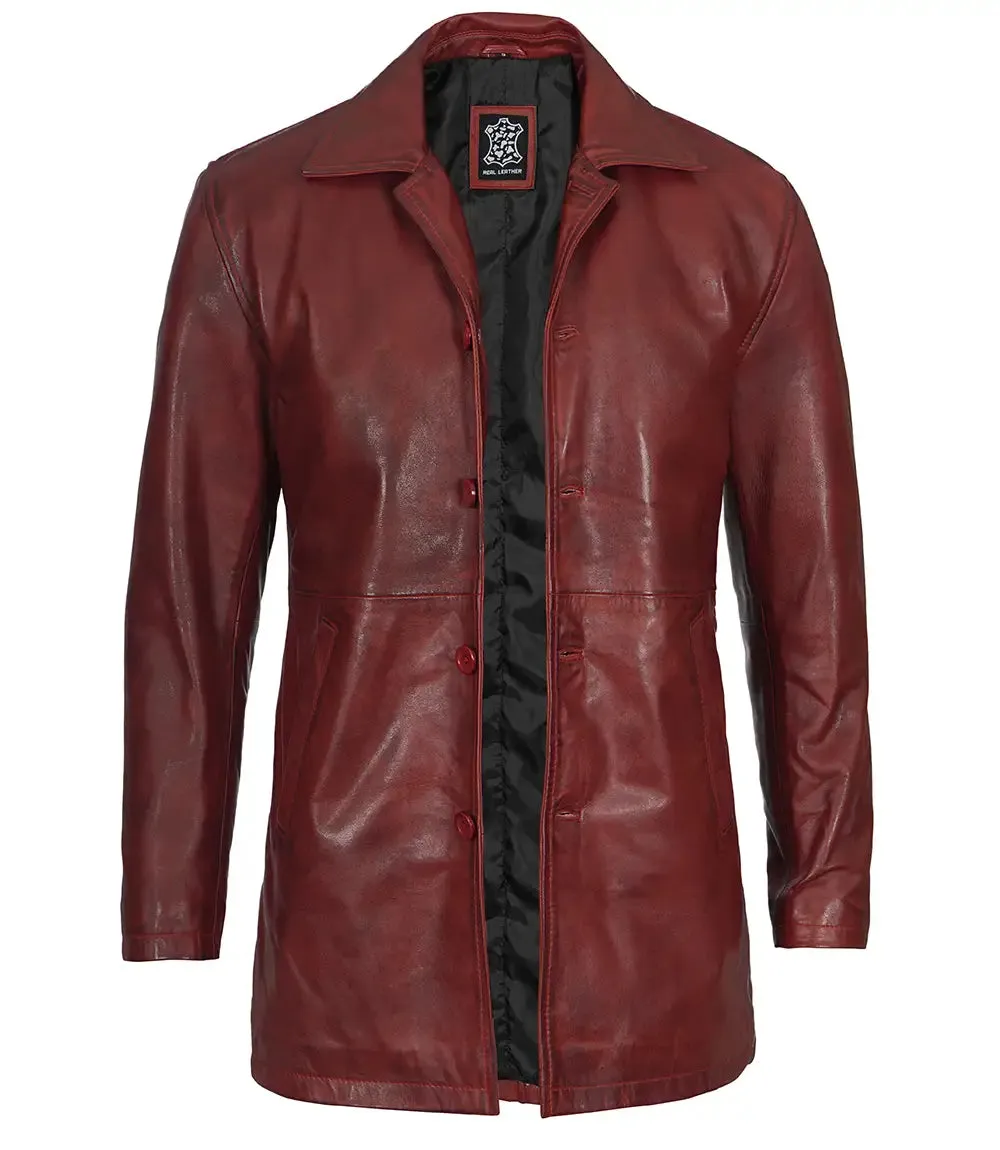 Maroon Real Lambskin Leather Car Coat For Men