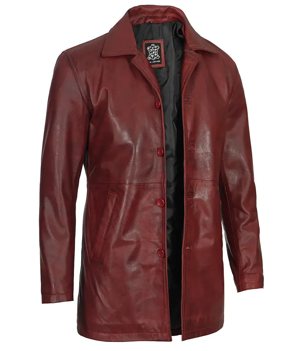 Maroon Real Lambskin Leather Car Coat For Men