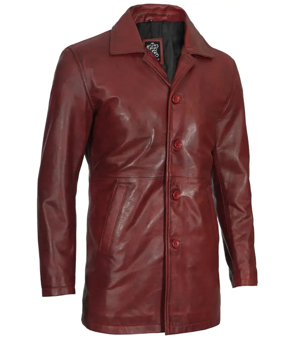 Maroon Real Lambskin Leather Car Coat For Men