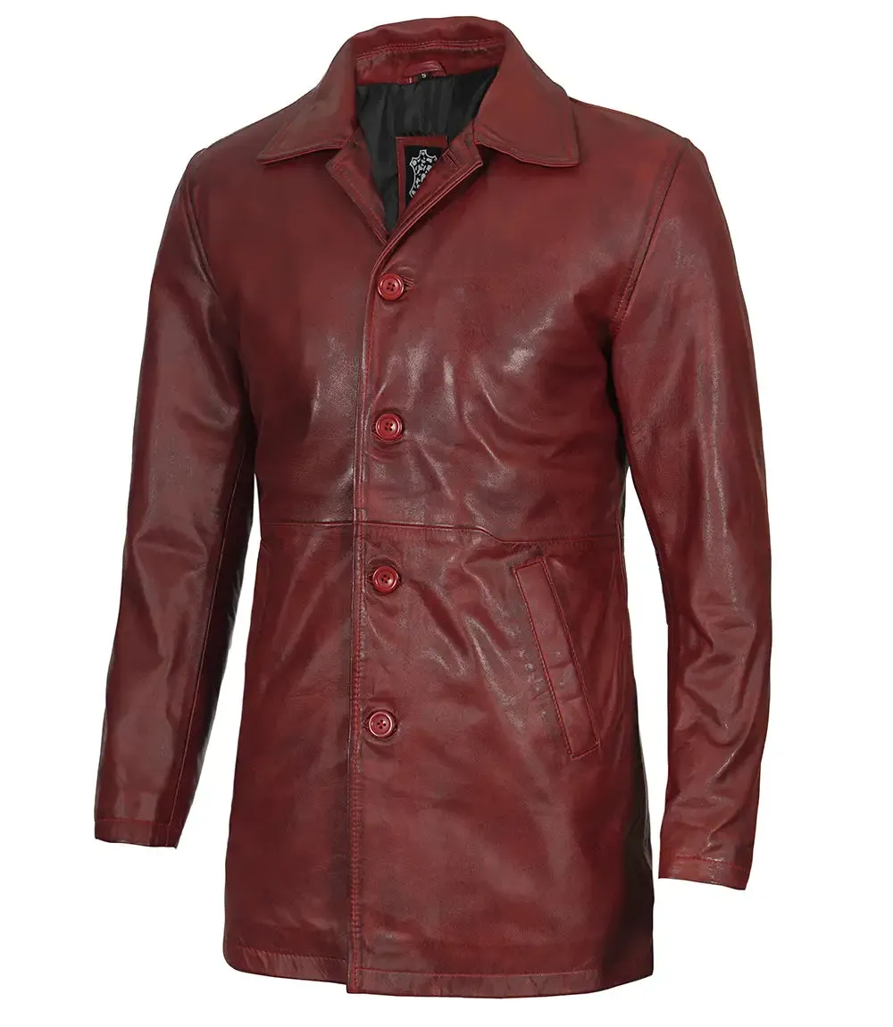 Maroon Real Lambskin Leather Car Coat For Men