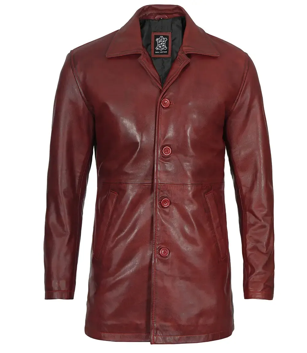 Maroon Real Lambskin Leather Car Coat For Men