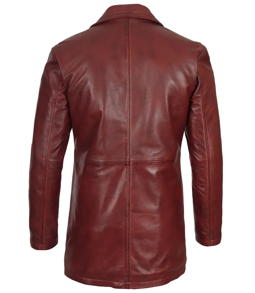Maroon Real Lambskin Leather Car Coat For Men