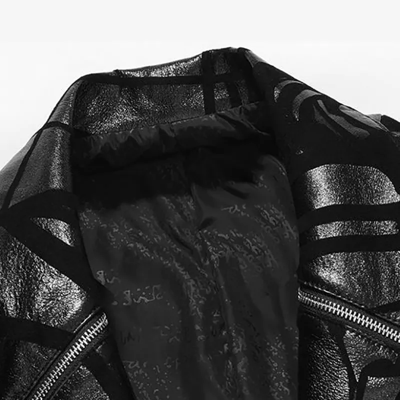 Men's Black Natural Leather trench coat with Print / Casual Autumn fitted outerwear of sheepskin