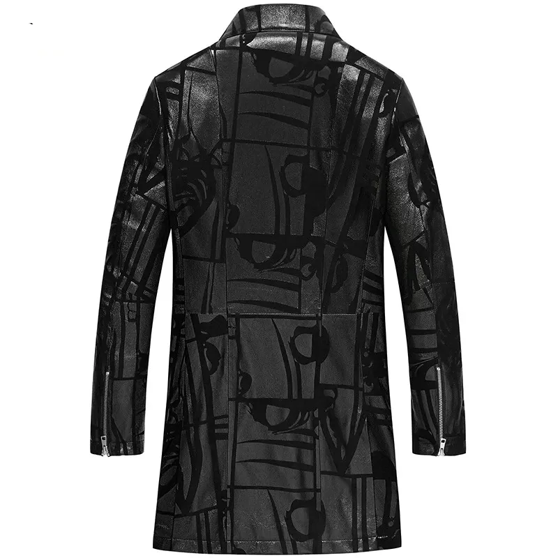 Men's Black Natural Leather trench coat with Print / Casual Autumn fitted outerwear of sheepskin