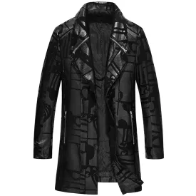 Men's Black Natural Leather trench coat with Print / Casual Autumn fitted outerwear of sheepskin