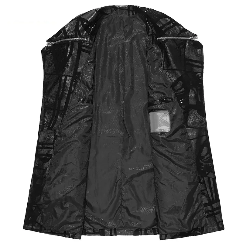 Men's Black Natural Leather trench coat with Print / Casual Autumn fitted outerwear of sheepskin