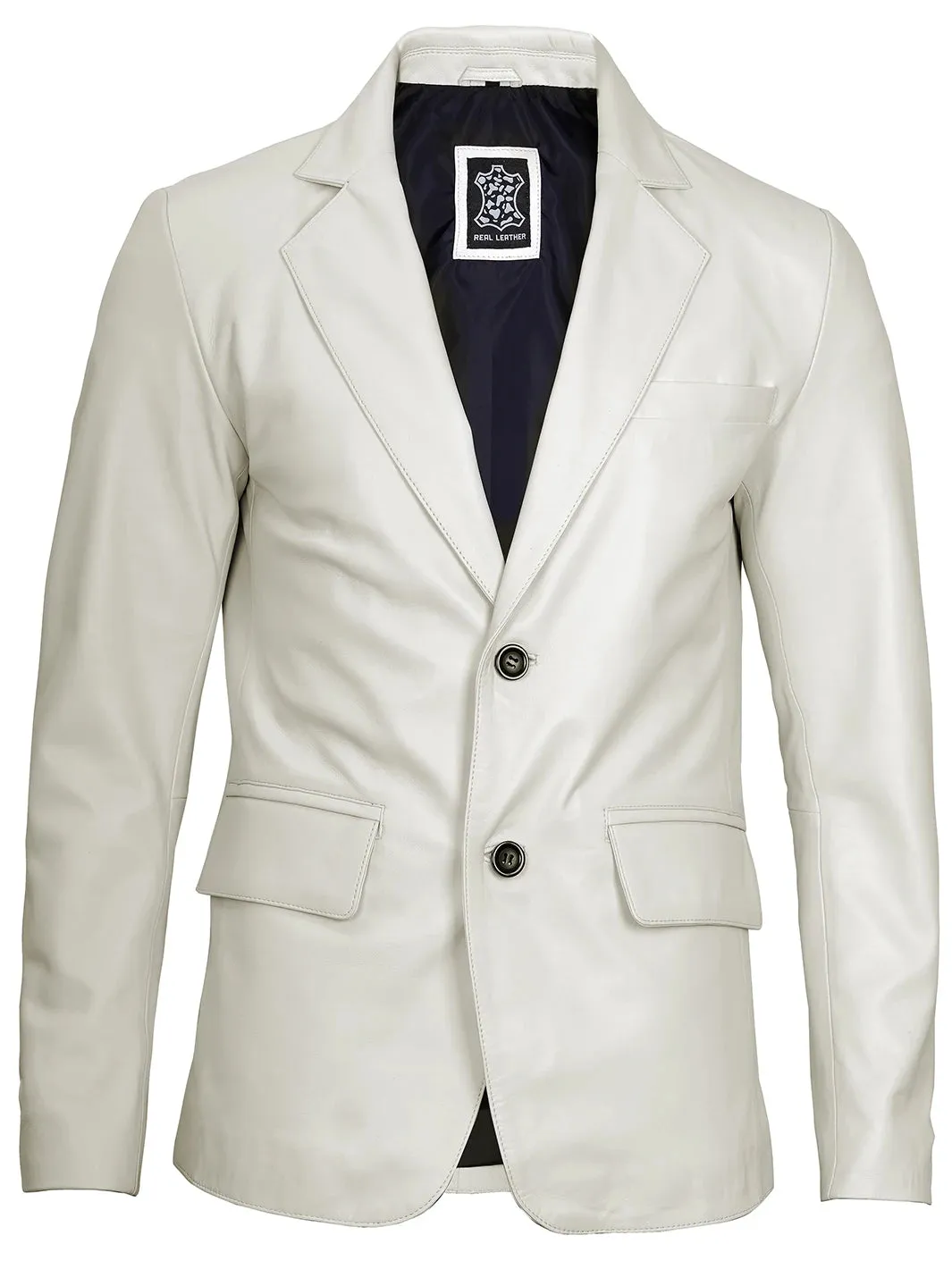 Mens Two Buttons Off White Leather Blazer