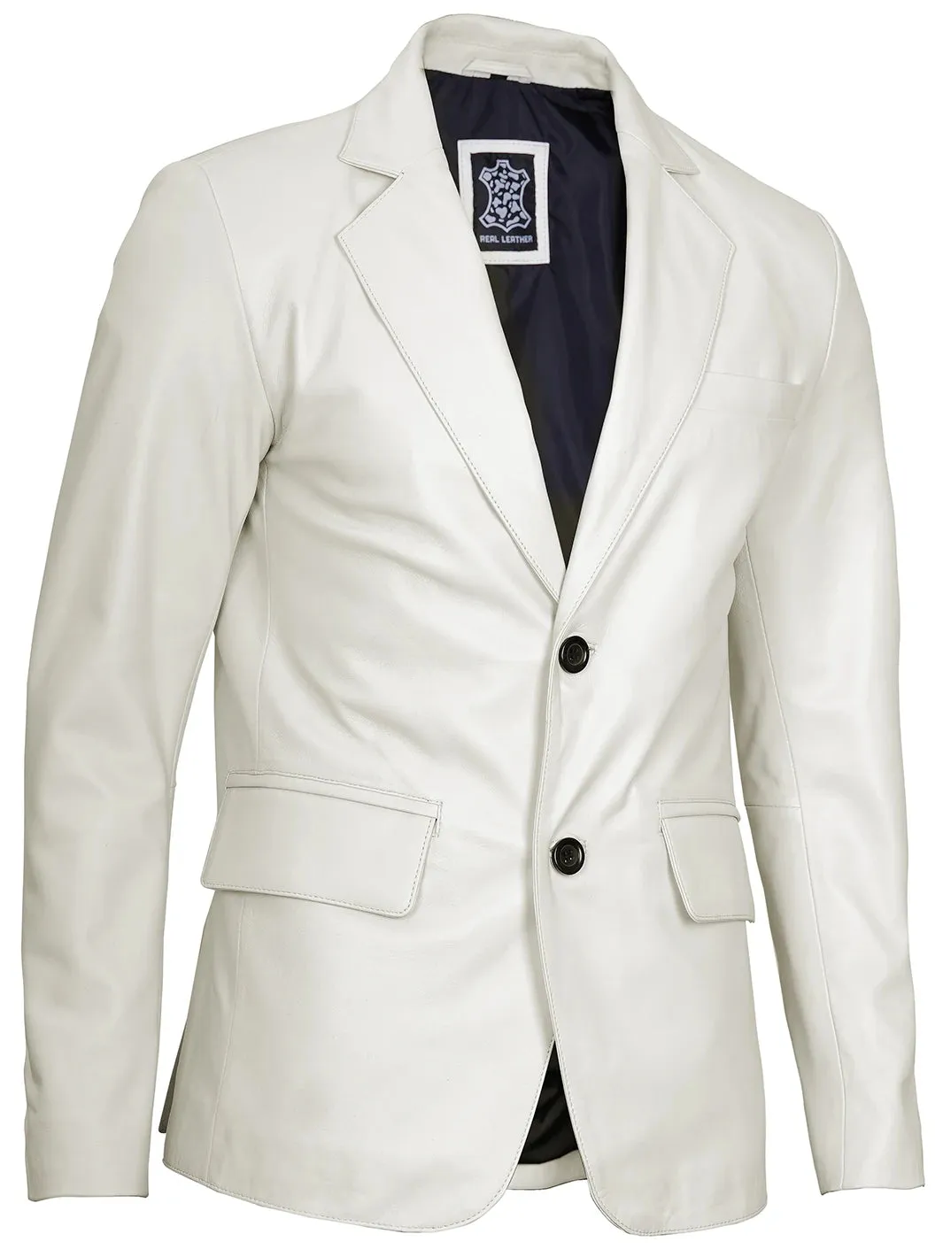 Mens Two Buttons Off White Leather Blazer