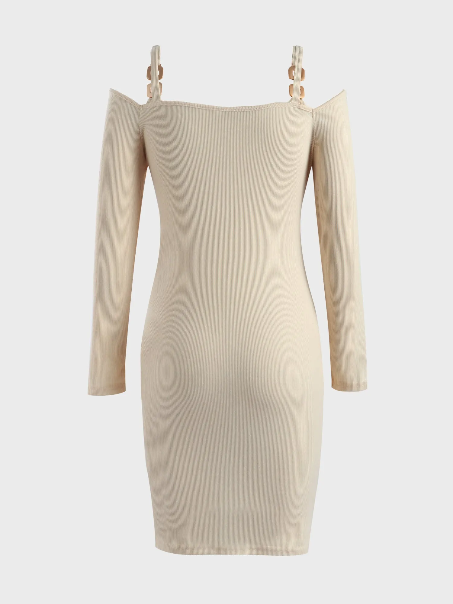 Midsize Deep-V Ribbed Knitted Long Sleeve Dress