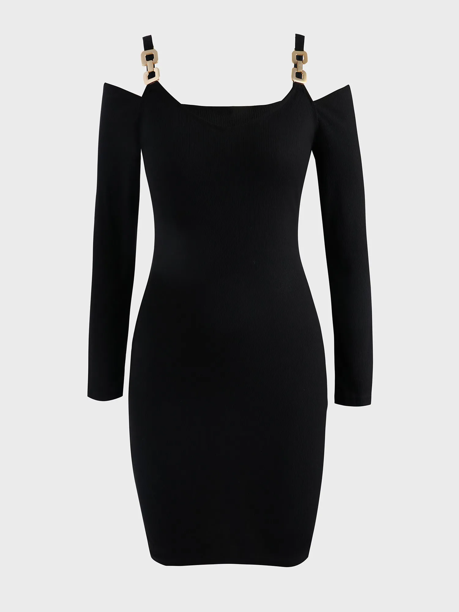 Midsize Deep-V Ribbed Knitted Long Sleeve Dress