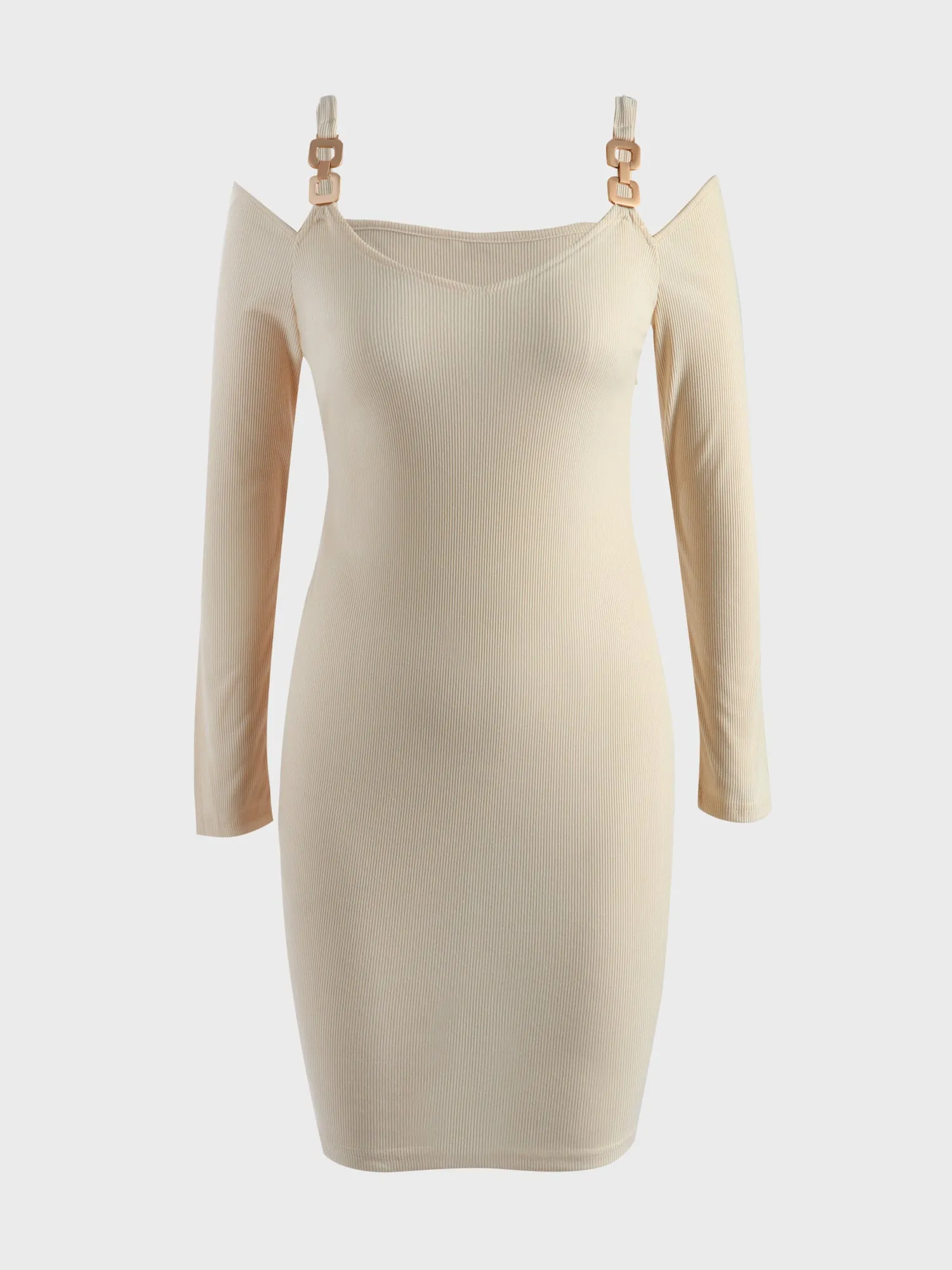 Midsize Deep-V Ribbed Knitted Long Sleeve Dress