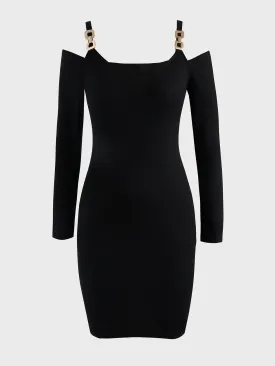 Midsize Deep-V Ribbed Knitted Long Sleeve Dress