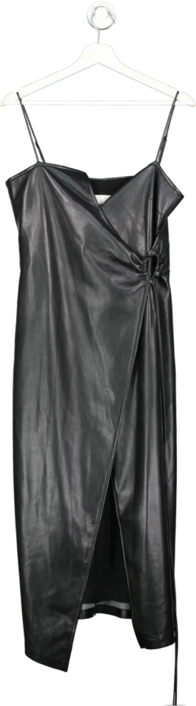 Nanushka Black Anubi Vegan Leather Midi Wrap Dress UK M