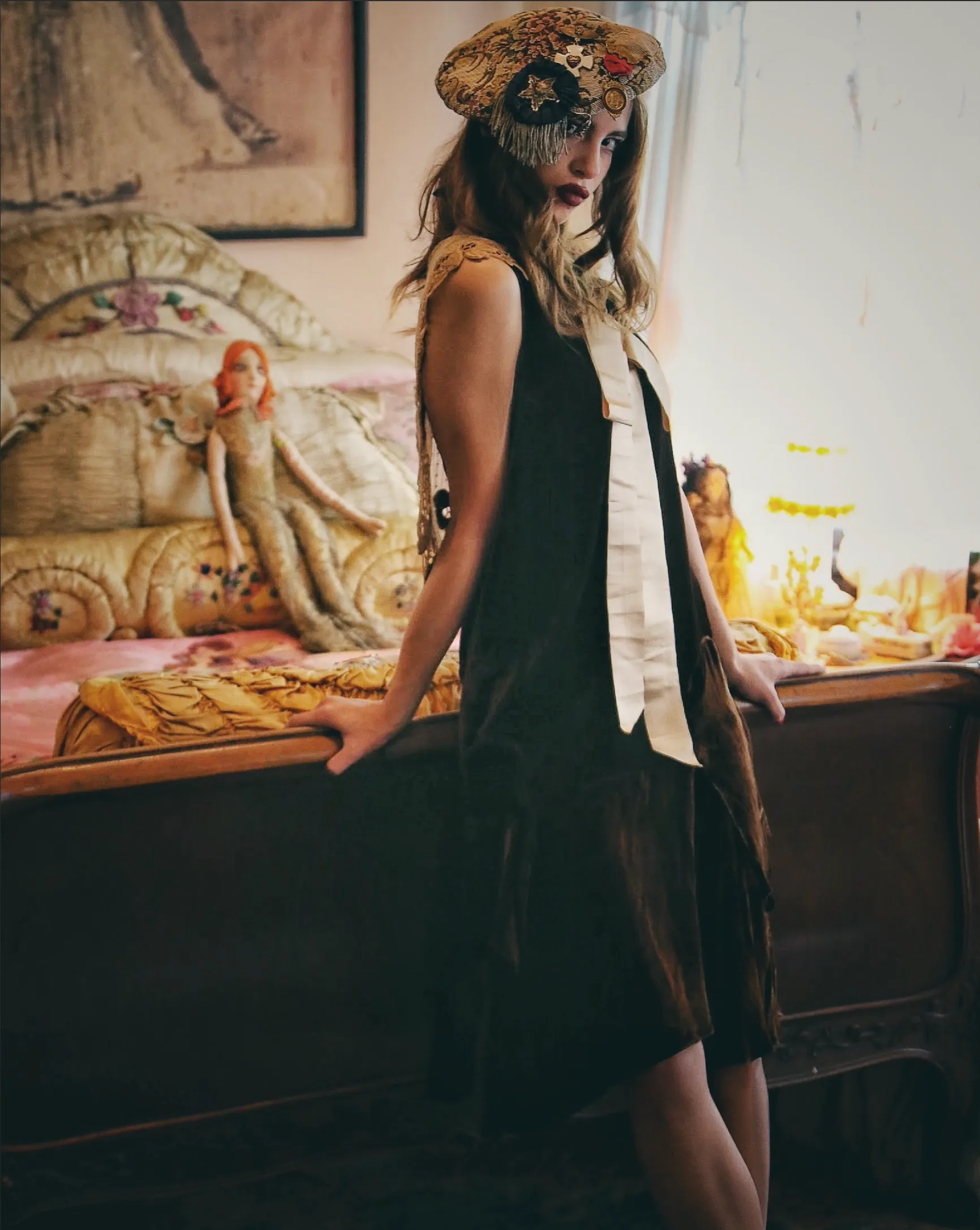 NEW 1920's Silk Velvet Flapper Dress with Lace Back Silken Bow