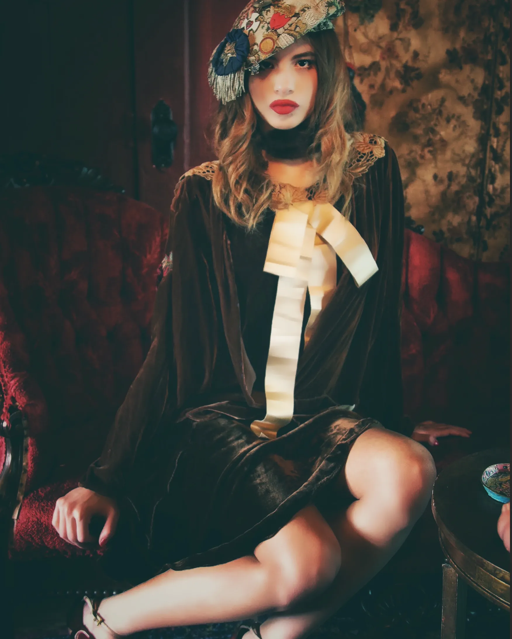 NEW 1920's Silk Velvet Flapper Dress with Lace Back Silken Bow
