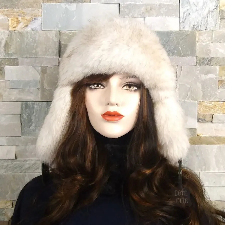 Norwegian Fox Fur Aviator Hat, Black Leather - Simon Model