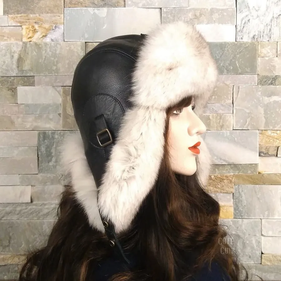 Norwegian Fox Fur Aviator Hat, Black Leather - Simon Model