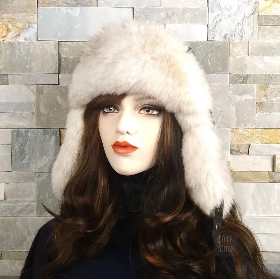 Norwegian Fox Fur Aviator Hat, Black Leather - Simon Model
