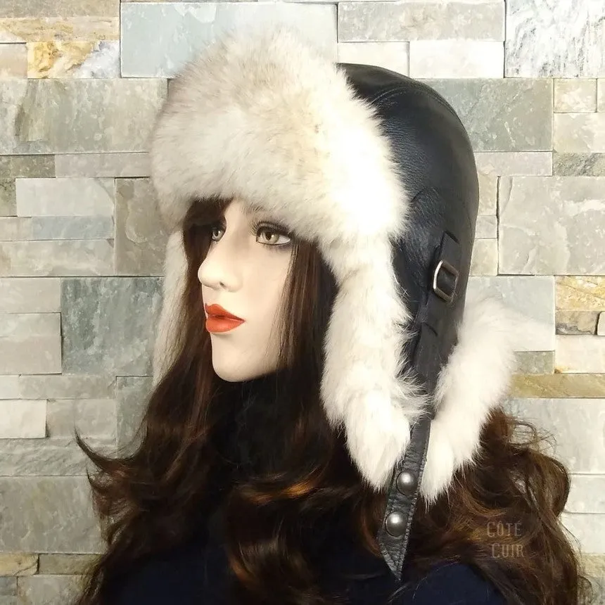 Norwegian Fox Fur Aviator Hat, Black Leather - Simon Model