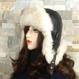 Norwegian Fox Fur Aviator Hat, Black Leather - Simon Model