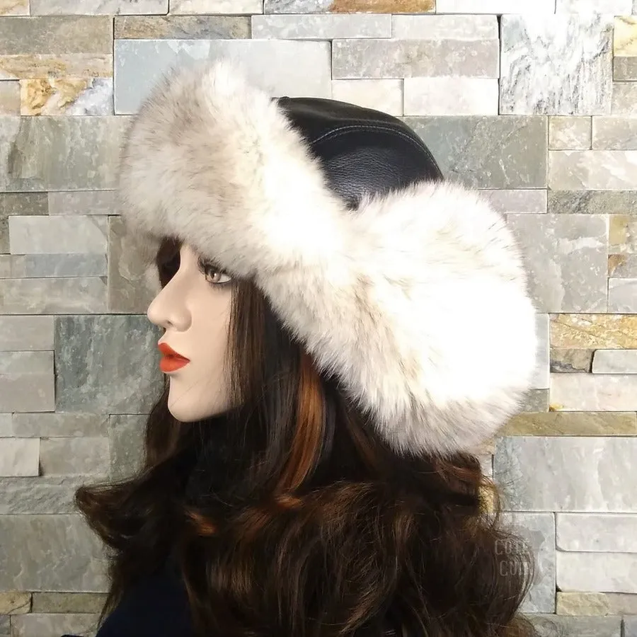 Norwegian Fox Fur Aviator Hat, Black Leather - Simon Model
