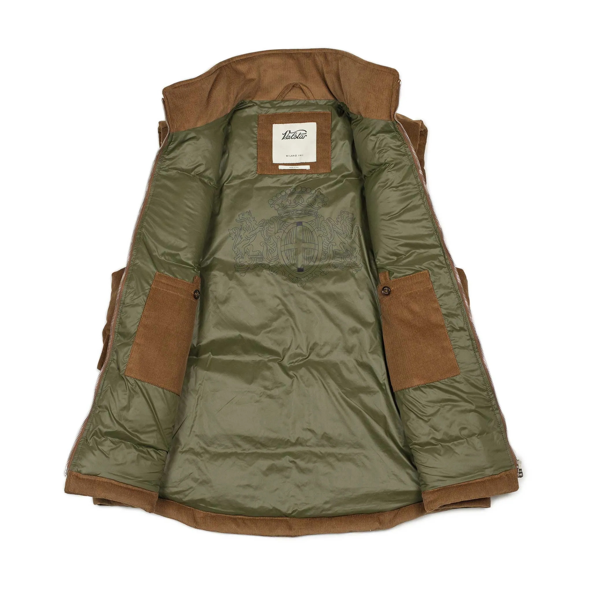 Oliver down-filled vest in sandal brown corduroy