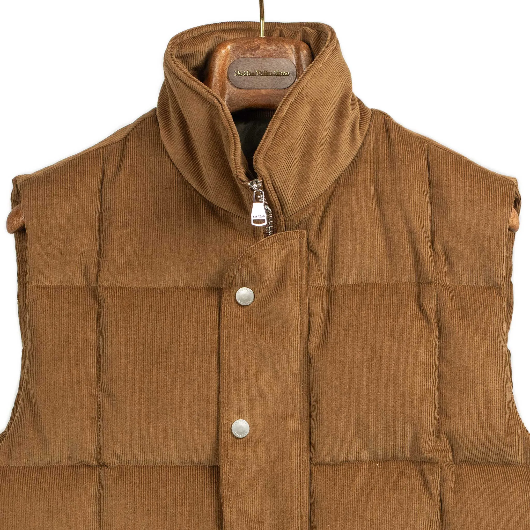 Oliver down-filled vest in sandal brown corduroy