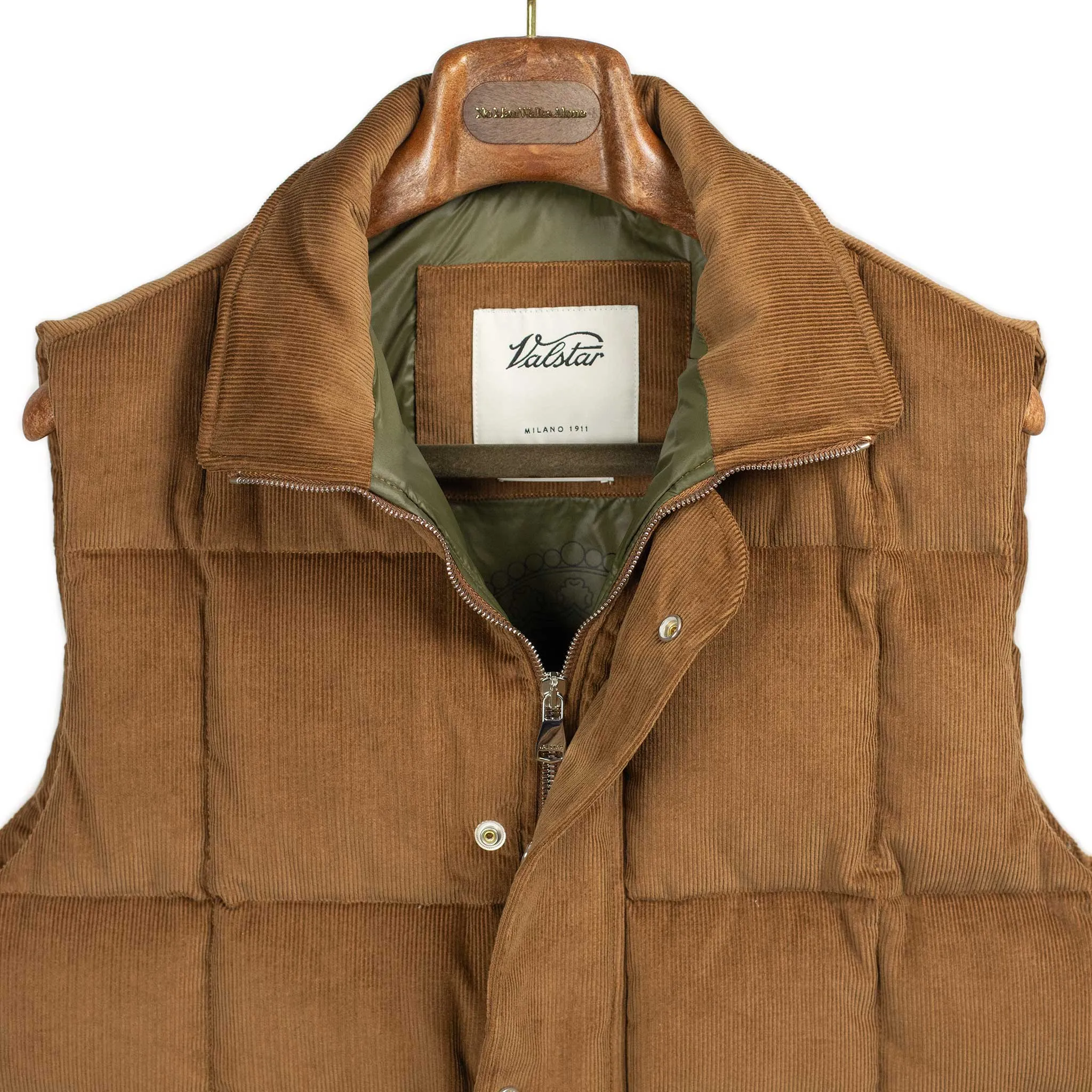 Oliver down-filled vest in sandal brown corduroy