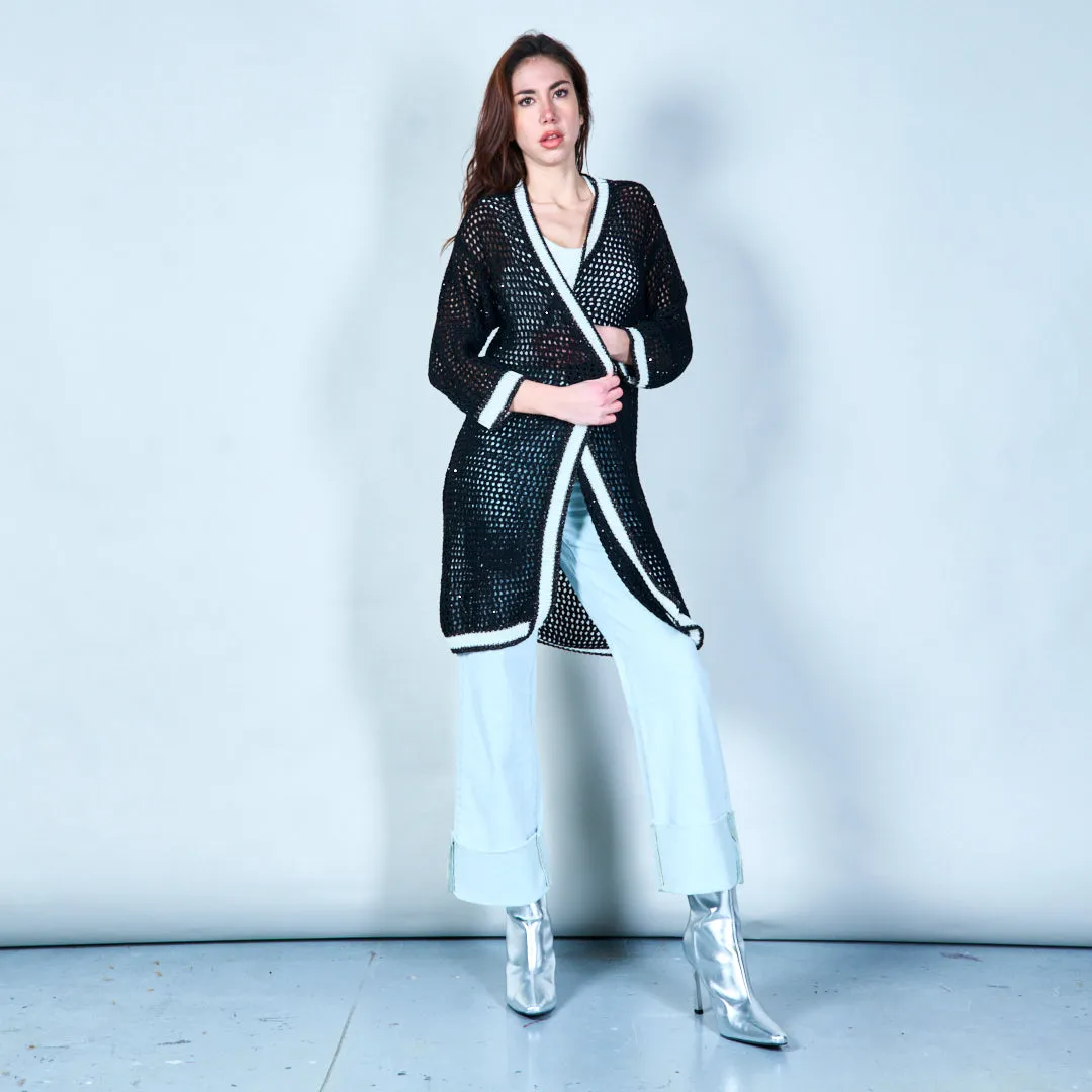 Open-front crochet cardigan with striped trim wholesale