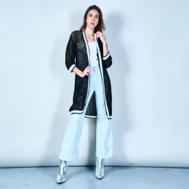 Open-front crochet cardigan with striped trim wholesale