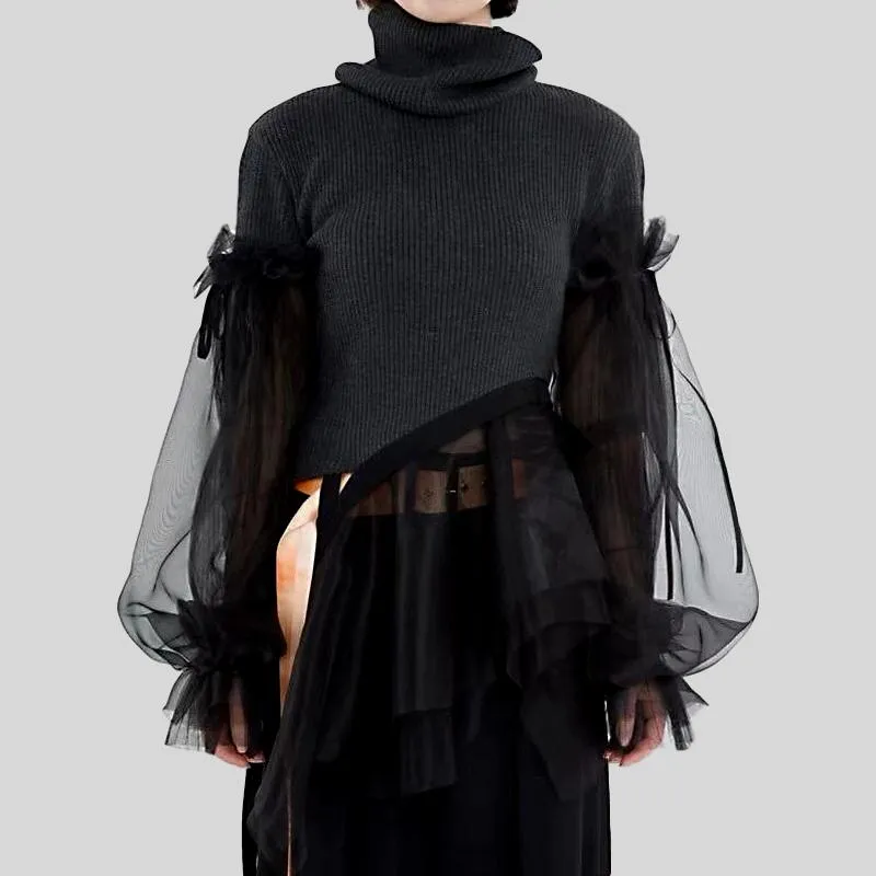 Patchwork Sweater  Turtleneck Puff Long Sleeve Ruffle Hem Knitting Pullover Top