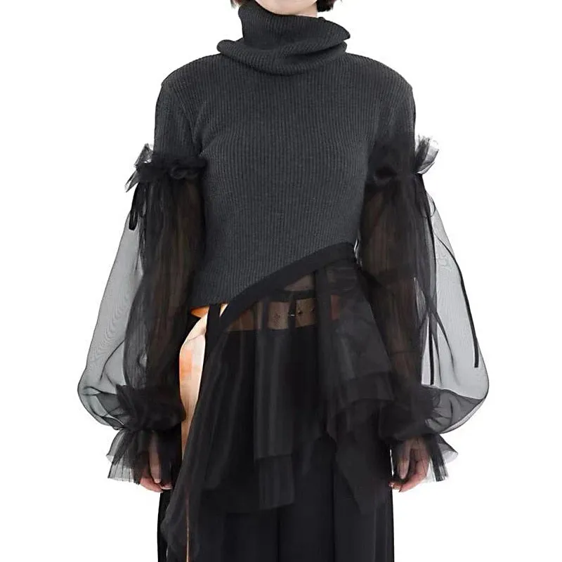 Patchwork Sweater  Turtleneck Puff Long Sleeve Ruffle Hem Knitting Pullover Top