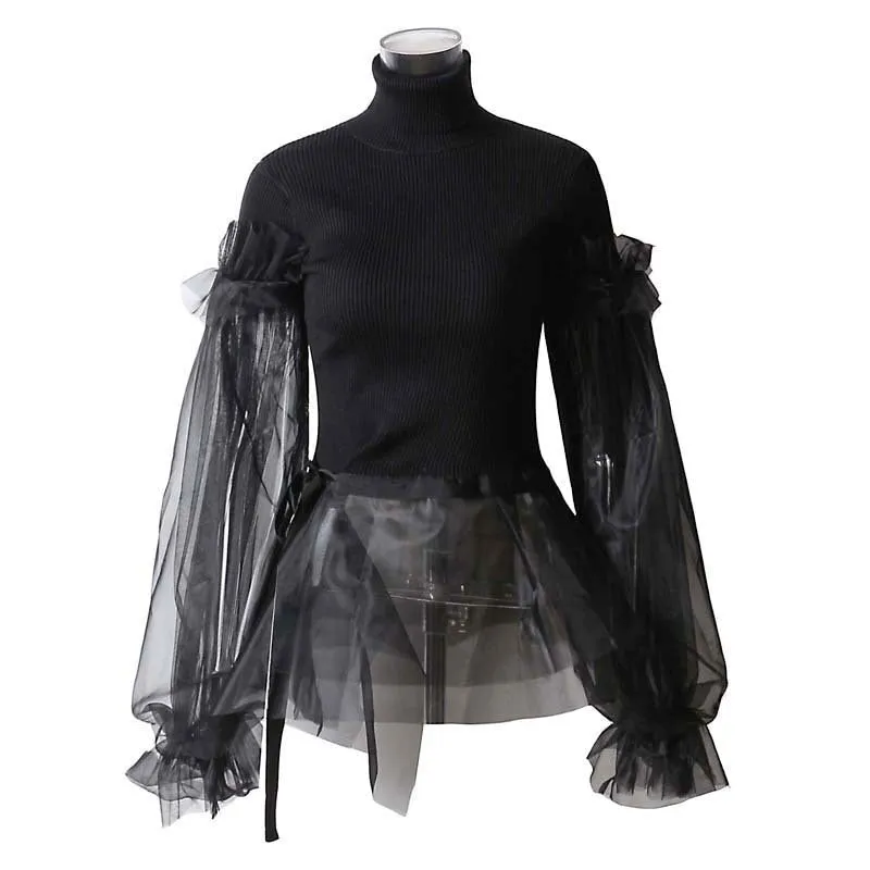 Patchwork Sweater  Turtleneck Puff Long Sleeve Ruffle Hem Knitting Pullover Top