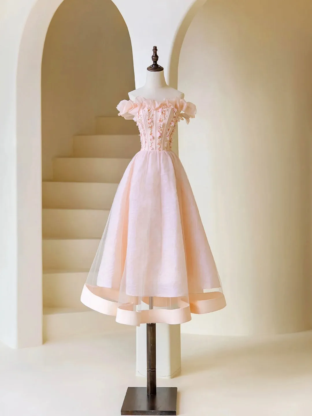 Pink Tulle Beaded Tea Length Prom Dress Pink A-Line Off Shoulder Party Dress