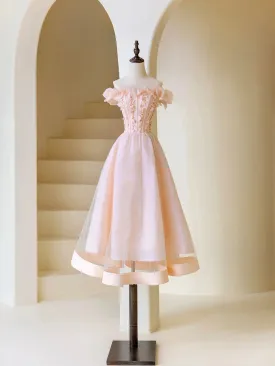 Pink Tulle Beaded Tea Length Prom Dress Pink A-Line Off Shoulder Party Dress