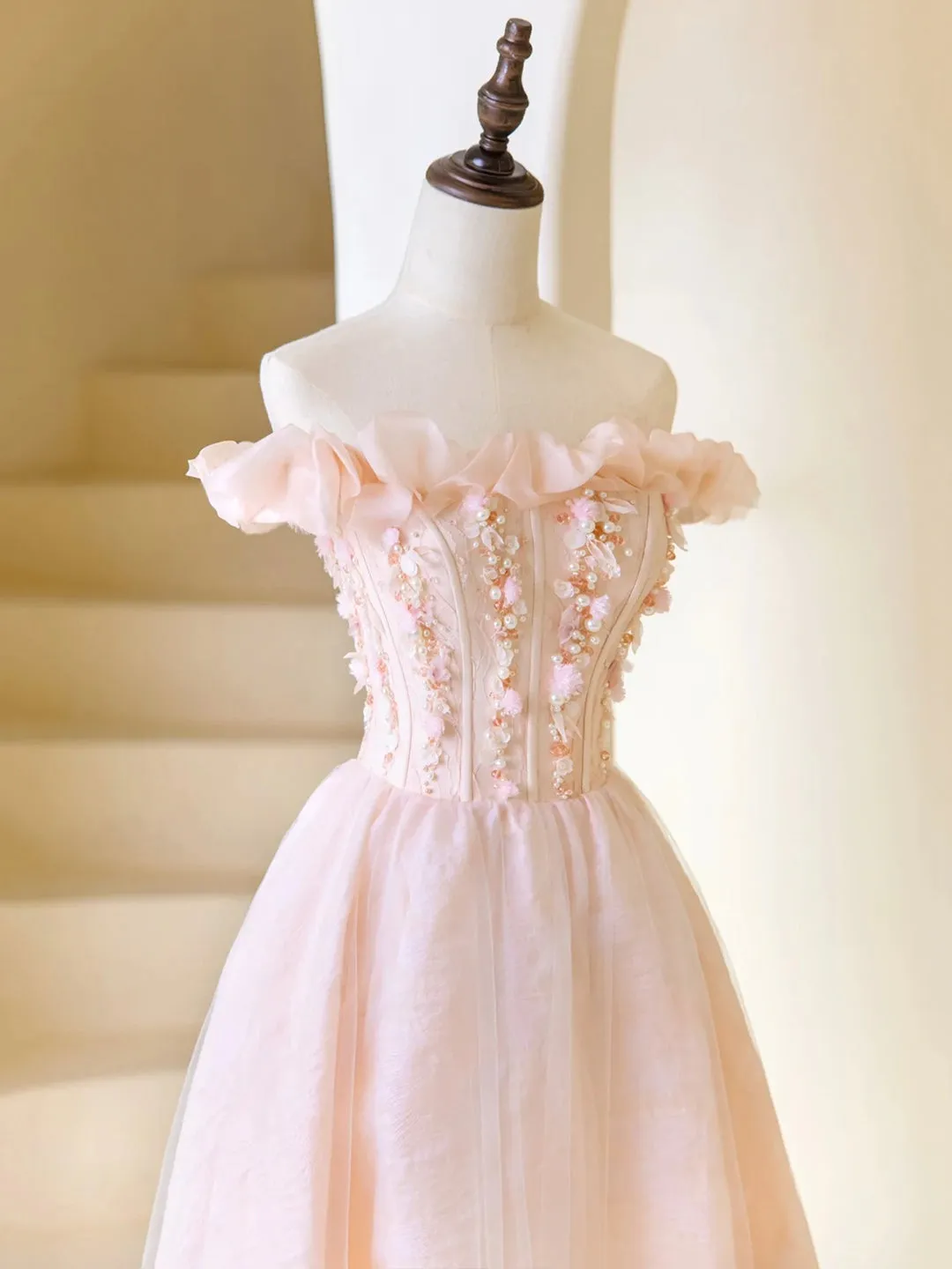 Pink Tulle Beaded Tea Length Prom Dress Pink A-Line Off Shoulder Party Dress