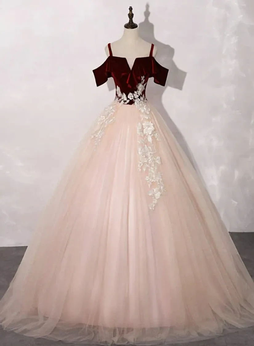 Pink Tulle with Velvet Top Long Party Dress Prom Dres Ball Gown Sweet 16 Dresses