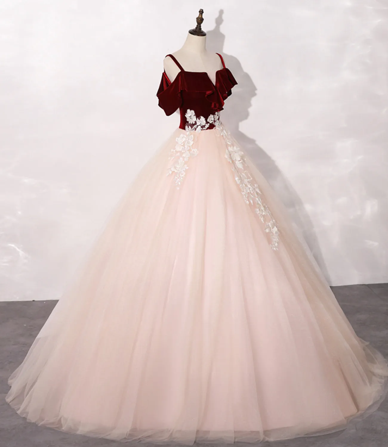 Pink Tulle with Velvet Top Long Party Dress Prom Dres Ball Gown Sweet 16 Dresses