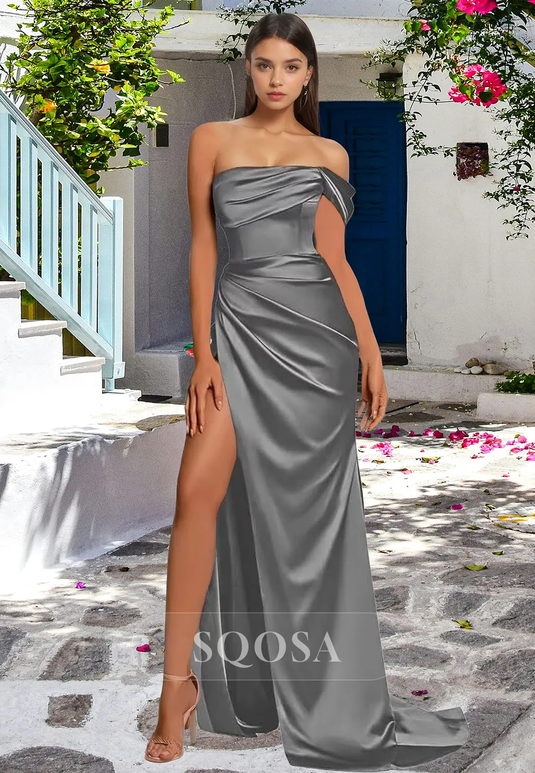 Pleated Floor-Length Evening Gowns Tube Top Off-Shoulder Sleeveless Mermaid Prom Dress with High Slit