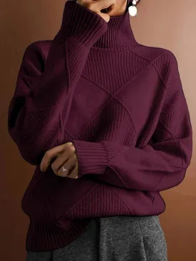Plus Size Solid Color Knitted Sweater, Casual Turtleneck Long Sleeve Sweater For Fall & Winter, Women's Plus Size Clothing