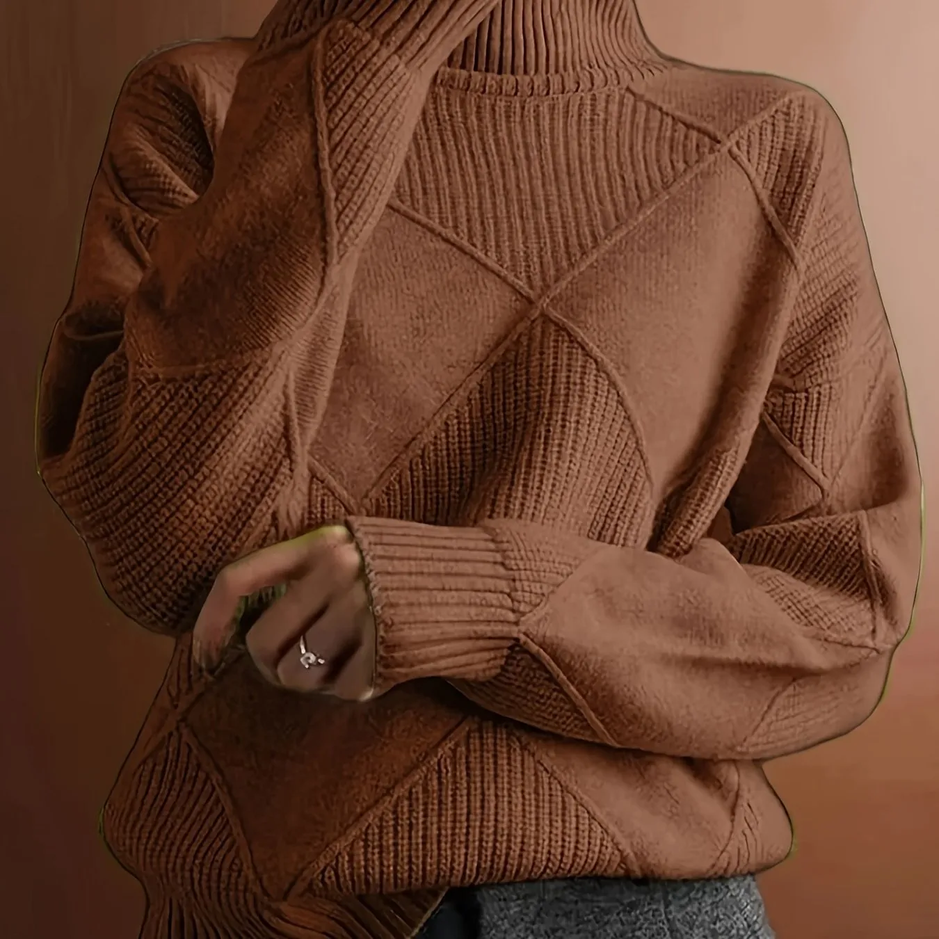 Plus Size Solid Color Knitted Sweater, Casual Turtleneck Long Sleeve Sweater For Fall & Winter, Women's Plus Size Clothing