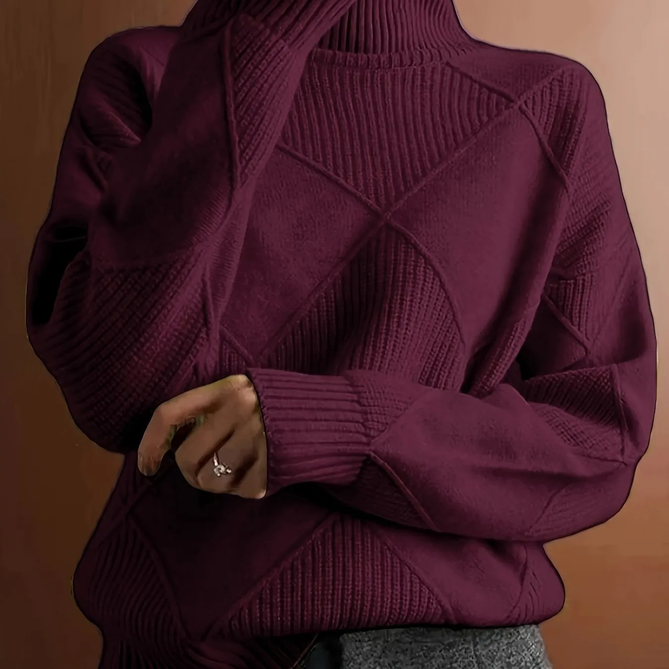 Plus Size Solid Color Knitted Sweater, Casual Turtleneck Long Sleeve Sweater For Fall & Winter, Women's Plus Size Clothing