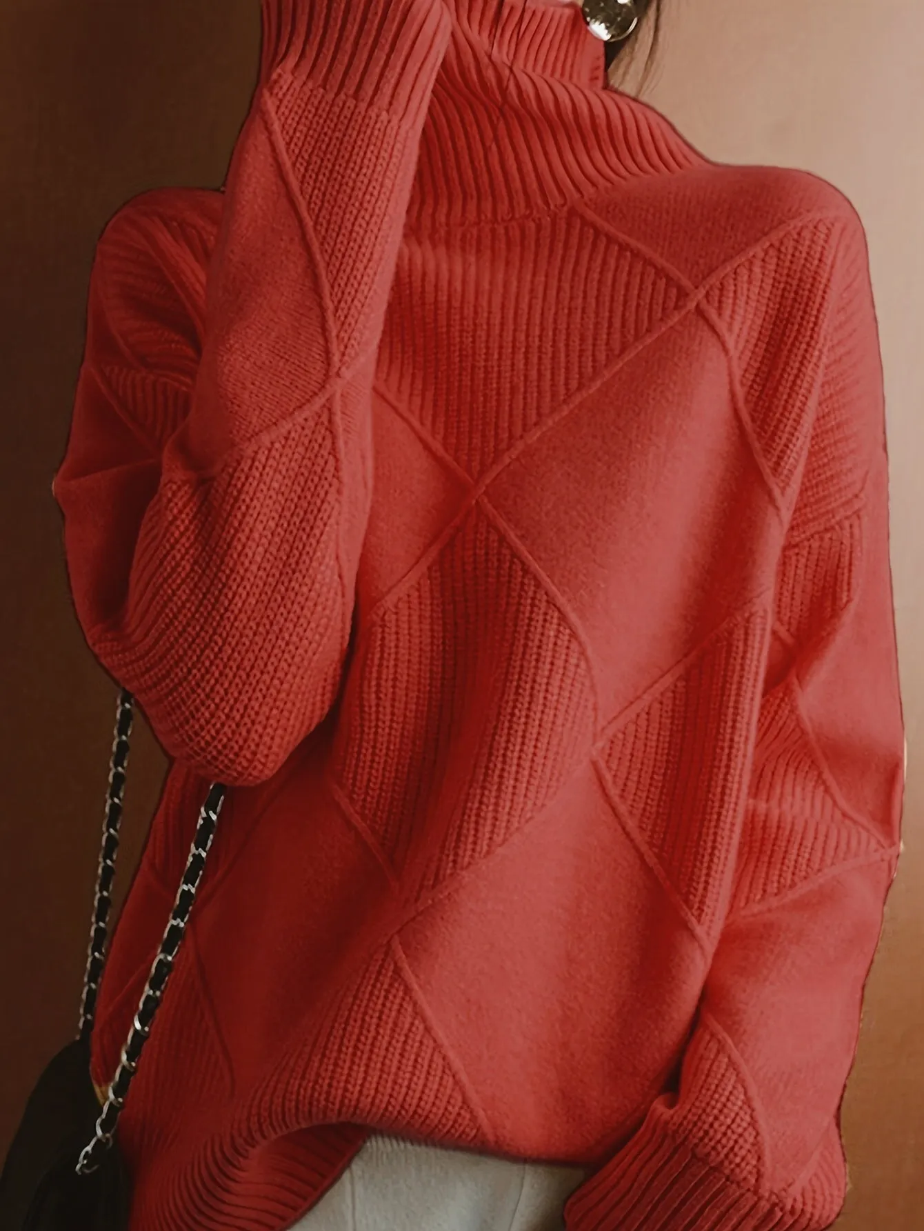 Plus Size Solid Color Knitted Sweater, Casual Turtleneck Long Sleeve Sweater For Fall & Winter, Women's Plus Size Clothing
