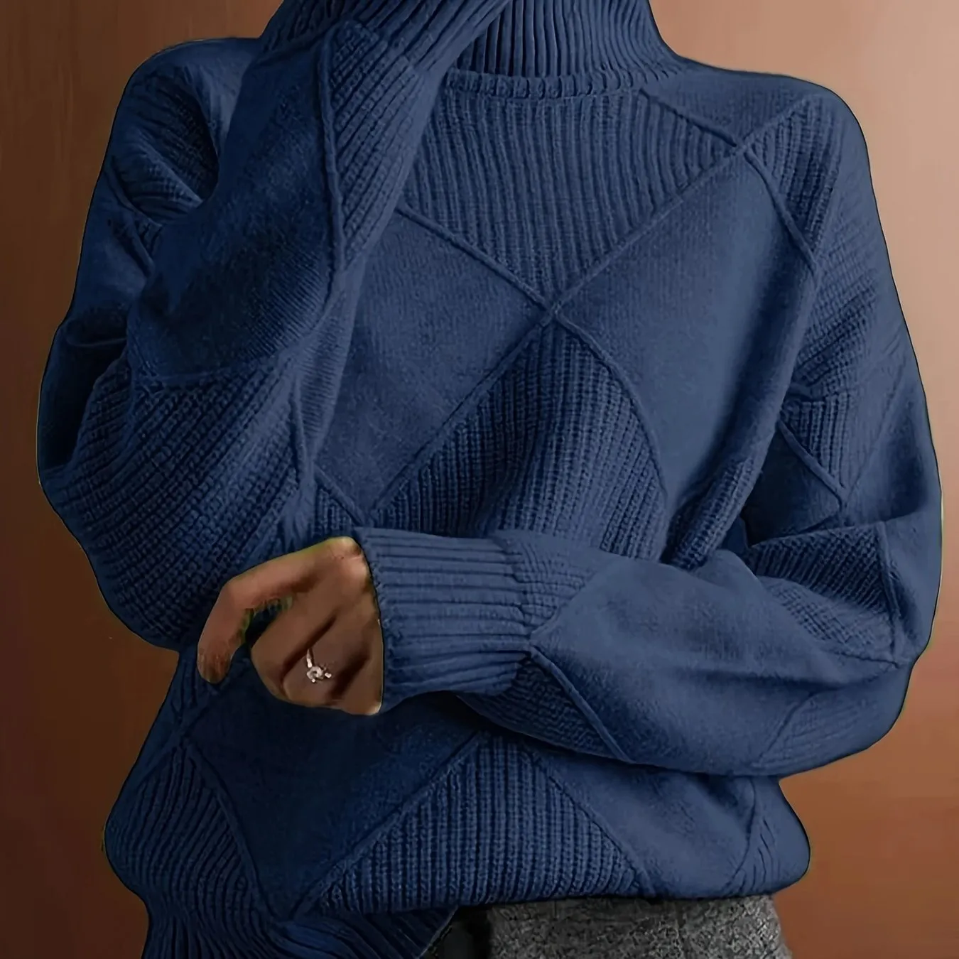 Plus Size Solid Color Knitted Sweater, Casual Turtleneck Long Sleeve Sweater For Fall & Winter, Women's Plus Size Clothing