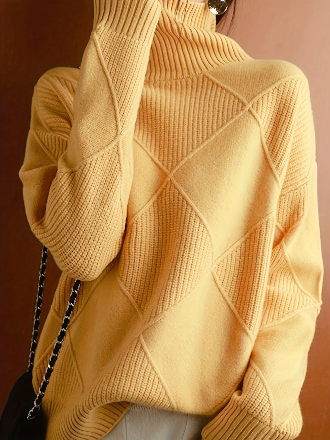 Plus Size Solid Color Knitted Sweater, Casual Turtleneck Long Sleeve Sweater For Fall & Winter, Women's Plus Size Clothing