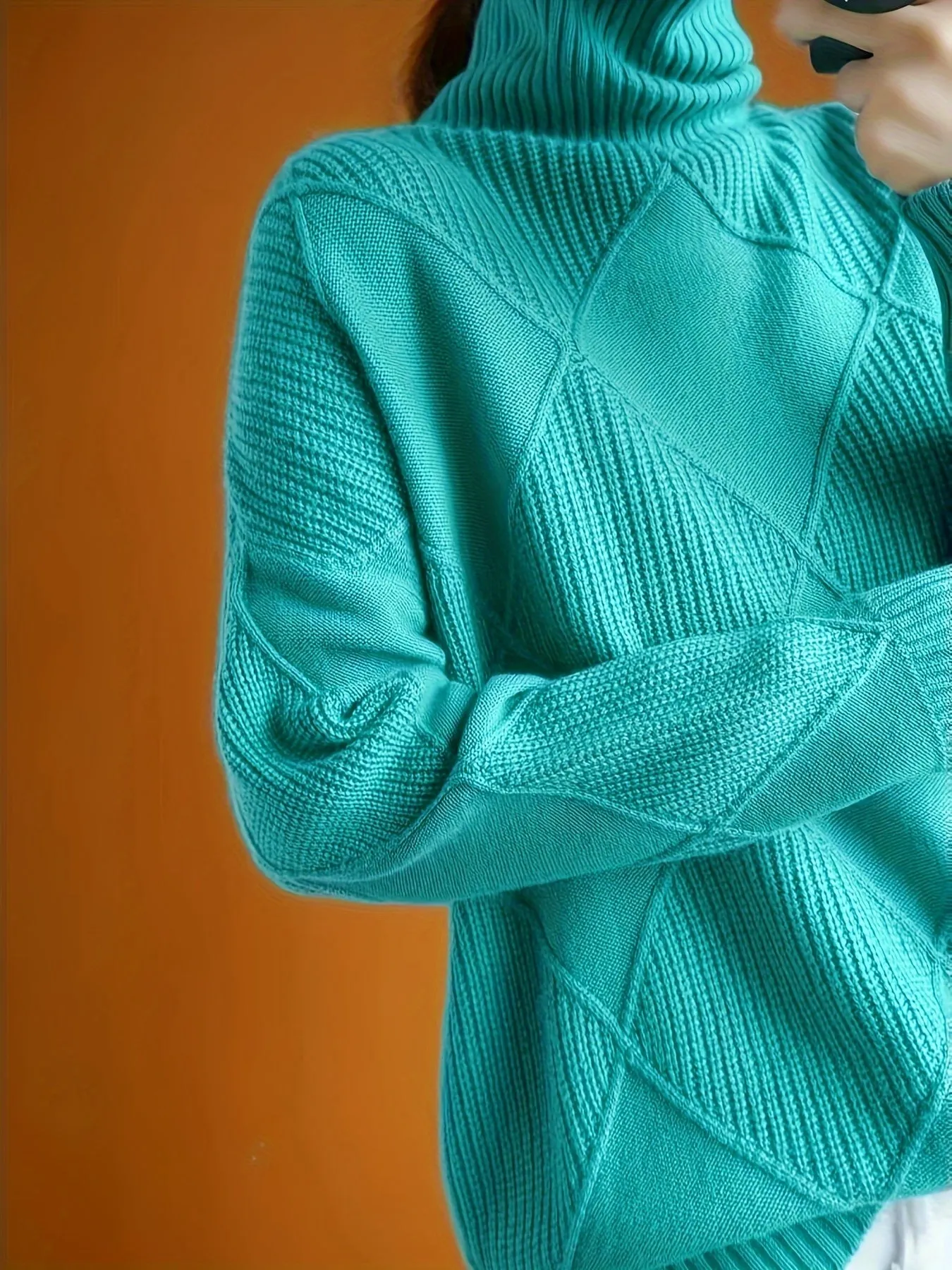 Plus Size Solid Color Knitted Sweater, Casual Turtleneck Long Sleeve Sweater For Fall & Winter, Women's Plus Size Clothing