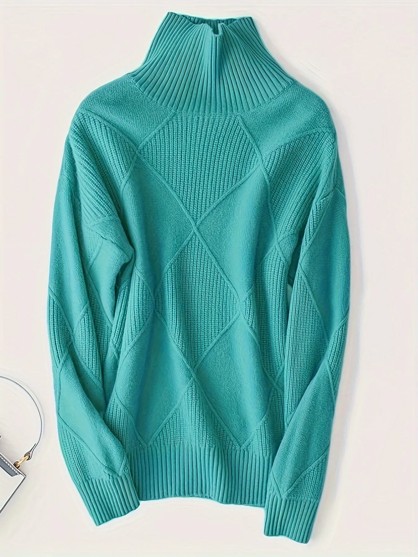 Plus Size Solid Color Knitted Sweater, Casual Turtleneck Long Sleeve Sweater For Fall & Winter, Women's Plus Size Clothing