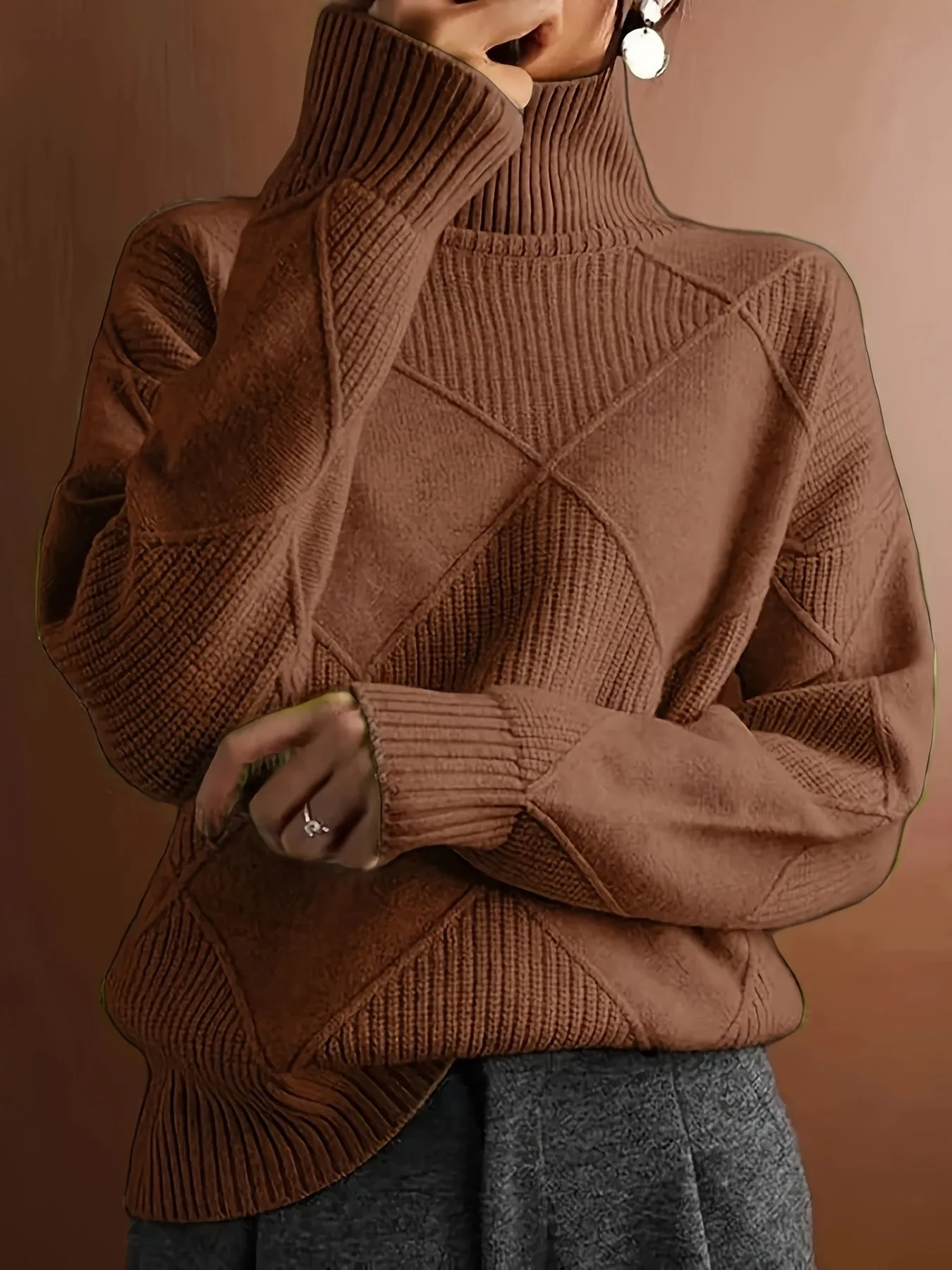 Plus Size Solid Color Knitted Sweater, Casual Turtleneck Long Sleeve Sweater For Fall & Winter, Women's Plus Size Clothing